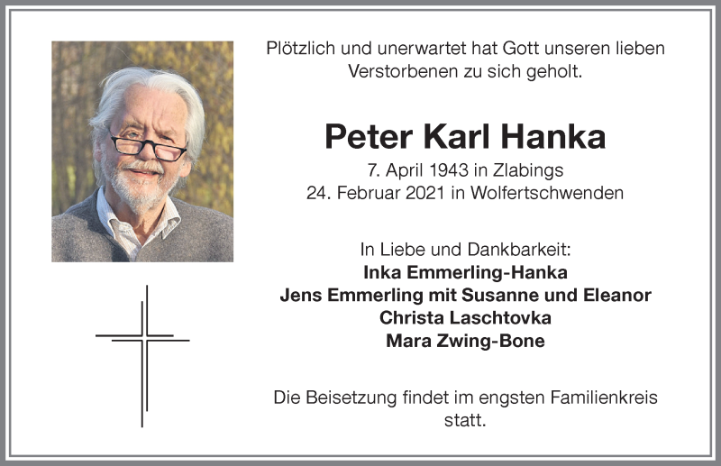  Traueranzeige für Peter Karl Hanka vom 27.02.2021 aus Memminger Zeitung