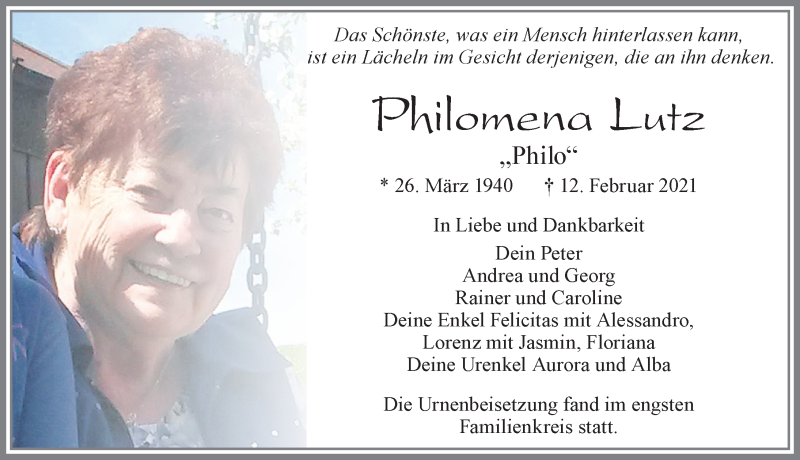  Traueranzeige für Philomena Lutz vom 27.02.2021 aus Allgäuer Zeitung, Füssen