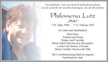 Traueranzeige von Philomena Lutz von Allgäuer Zeitung, Füssen