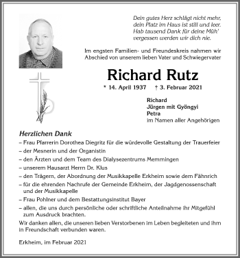 Traueranzeige von Richard Rutz von Memminger Zeitung