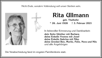 Traueranzeige von Rita Ullmann von Allgäuer Zeitung, Kaufbeuren/Buchloe
