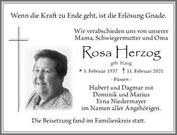 Traueranzeige von Rosa Herzog von Allgäuer Zeitung, Füssen