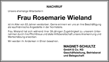 Traueranzeige von Rosemarie Wieland von Memminger Zeitung