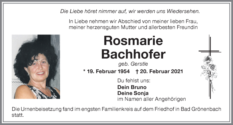  Traueranzeige für Rosmarie Bachhofer vom 27.02.2021 aus Memminger Zeitung
