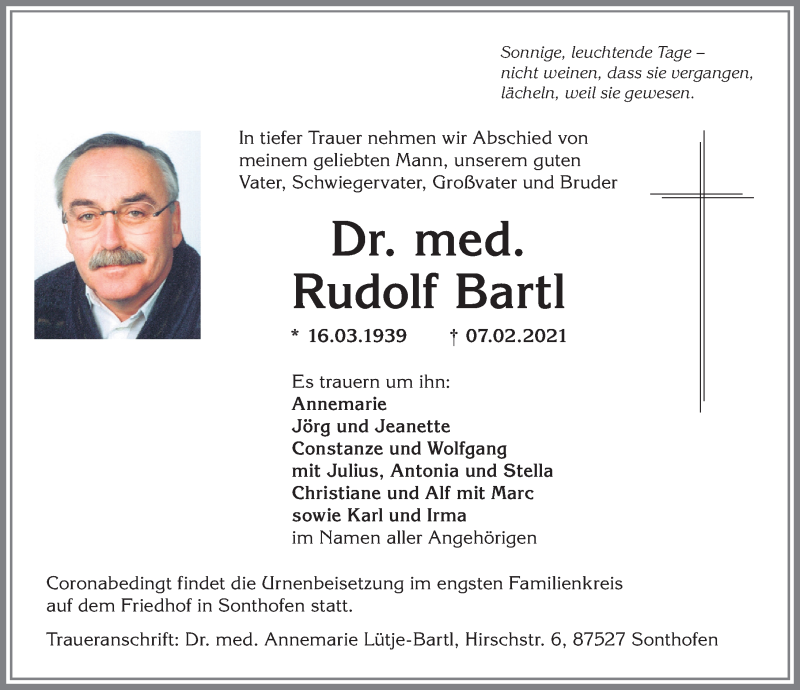  Traueranzeige für Rudolf Bartl vom 11.02.2021 aus Allgäuer Anzeigeblatt