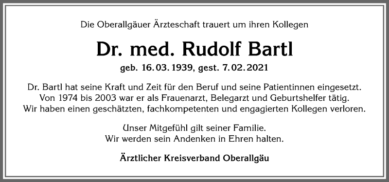  Traueranzeige für Rudolf Bartl vom 25.02.2021 aus Allgäuer Anzeigeblatt