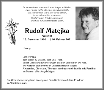 Traueranzeige von Rudolf Matejka von Allgäuer Anzeigeblatt