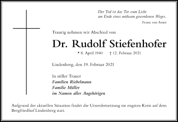 Traueranzeige von Rudolf Stiefenhofer von Der Westallgäuer