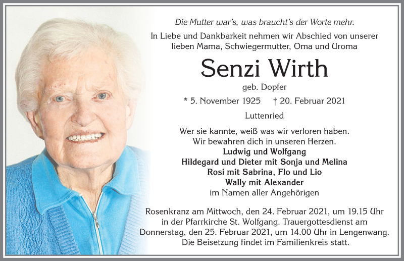  Traueranzeige für Senzi Wirth vom 22.02.2021 aus Allgäuer Zeitung