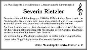 Traueranzeige von Severin Rietzler von Allgäuer Zeitung, Marktoberdorf