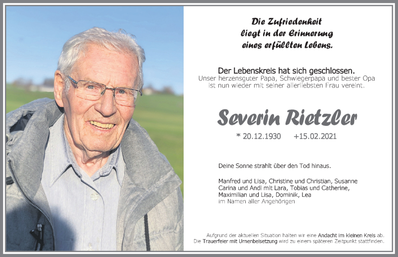  Traueranzeige für Severin Rietzler vom 18.02.2021 aus Allgäuer Zeitung, Marktoberdorf