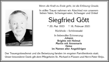 Traueranzeige von Siegfried Gött von Allgäuer Zeitung, Füssen