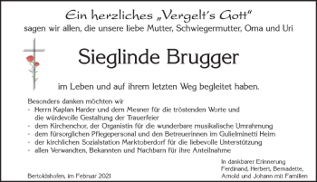 Traueranzeige von Sieglinde Brugger von Allgäuer Zeitung, Marktoberdorf