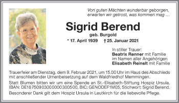 Traueranzeige von Sigrid Berend von Memminger Zeitung