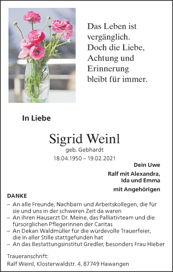 Traueranzeige von Sigrid Weinl von Memminger Zeitung