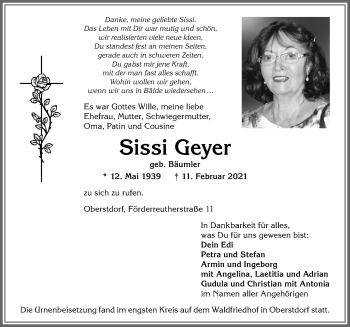 Traueranzeige von Sissi Geyer von Allgäuer Anzeigeblatt