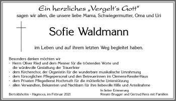 Traueranzeige von Sofie Waldmann von Allgäuer Zeitung, Marktoberdorf
