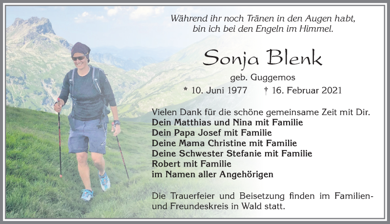  Traueranzeige für Sonja Blenk vom 23.02.2021 aus Allgäuer Zeitung, Marktoberdorf