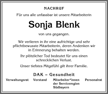 Traueranzeige von Sonja Blenk von Allgäuer Zeitung