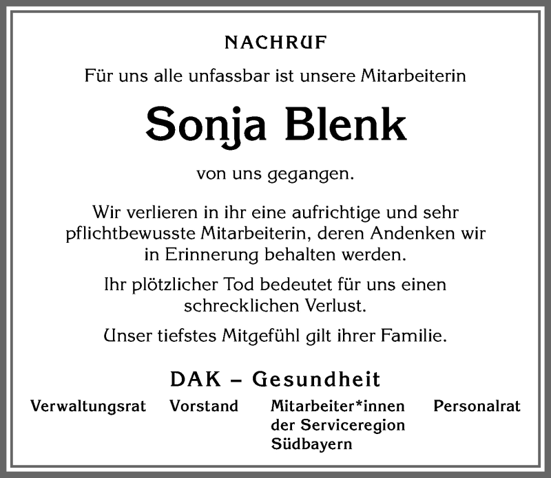  Traueranzeige für Sonja Blenk vom 27.02.2021 aus Allgäuer Zeitung