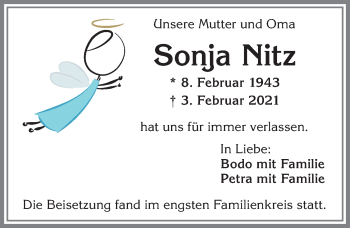 Traueranzeige von Sonja Nitz von Allgäuer Anzeigeblatt