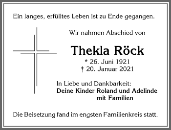 Traueranzeige von Thekla Röck von Allgäuer Zeitung,Kempten