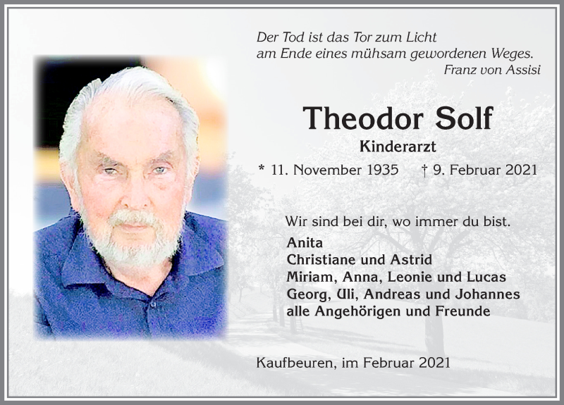  Traueranzeige für Theodor Solf vom 20.02.2021 aus Allgäuer Zeitung, Kaufbeuren/Buchloe