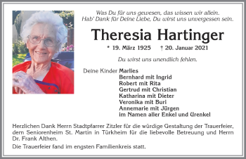 Traueranzeige von Theresia Hartinger von Allgäuer Zeitung, Kaufbeuren/Buchloe