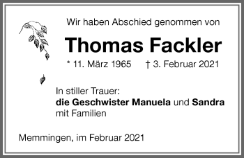 Traueranzeige von Thomas Fackler von Memminger Zeitung