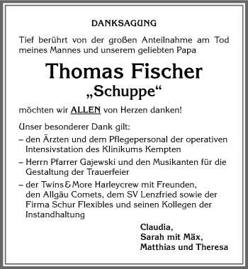Traueranzeige von Thomas Fischer von Allgäuer Zeitung,Kempten