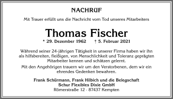 Traueranzeige von Thomas Fischer von Allgäuer Zeitung,Kempten