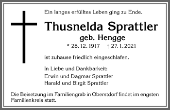 Traueranzeige von Thusnelda Sprattler von Allgäuer Anzeigeblatt