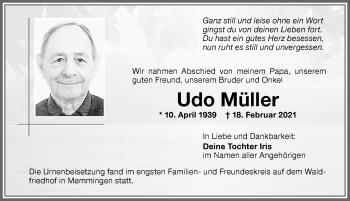 Traueranzeige von Udo Müller von Memminger Zeitung