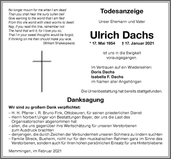 Traueranzeige von Ulrich Dachs von Allgäuer Zeitung