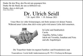 Traueranzeige von Ulrich Seidl von Memminger Zeitung