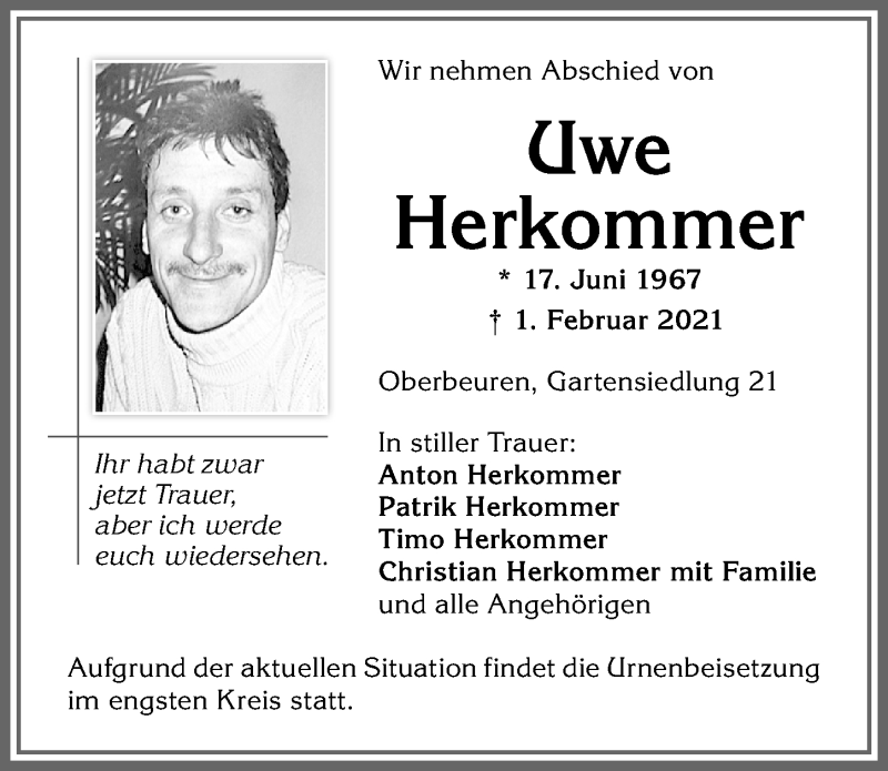 Traueranzeige für Uwe Herkommer vom 06.02.2021 aus Allgäuer Zeitung, Kaufbeuren/Buchloe