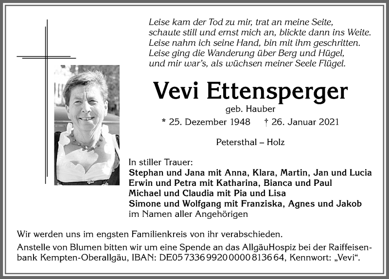  Traueranzeige für Vevi Ettensperger vom 01.02.2021 aus Allgäuer Zeitung
