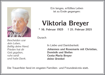 Traueranzeige von Viktoria Breyer von Allgäuer Zeitung,Kempten