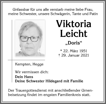 Traueranzeige von Viktoria Leicht von Allgäuer Zeitung,Kempten