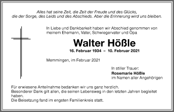 Traueranzeige von Walter Hößle von Memminger Zeitung