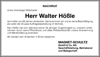 Traueranzeige von Walter Hößle von Memminger Zeitung