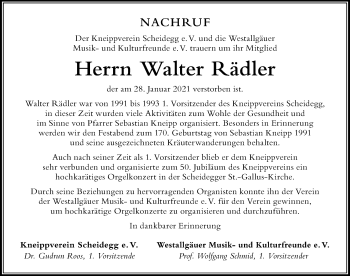 Traueranzeige von Walter Rädler von Der Westallgäuer