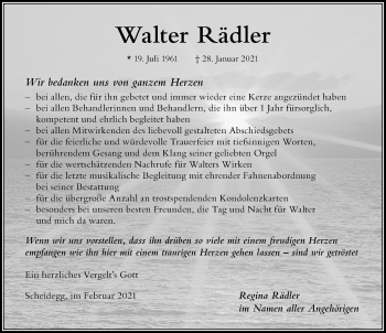 Traueranzeige von Walter Rädler von Der Westallgäuer