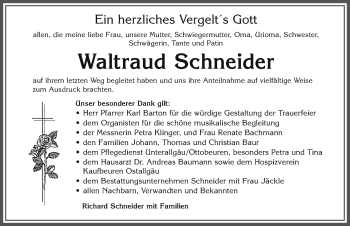 Traueranzeige von Waltraud Schneider von Allgäuer Zeitung, Marktoberdorf