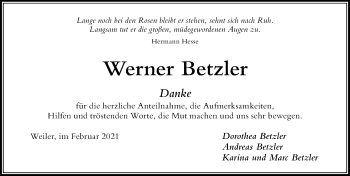 Traueranzeige von Werner Betzler von Der Westallgäuer