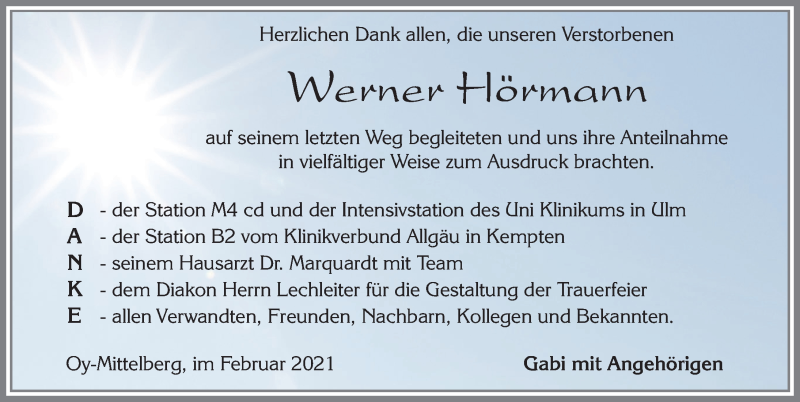  Traueranzeige für Werner Hörmann vom 06.02.2021 aus Allgäuer Zeitung,Kempten