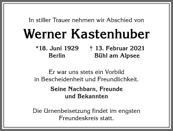 Traueranzeige von Werner Kastenhuber von Allgäuer Anzeigeblatt