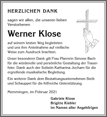 Traueranzeige von Werner Klose von Memminger Zeitung