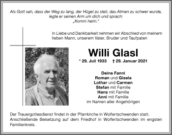 Traueranzeige von Willi Glasl von Memminger Zeitung