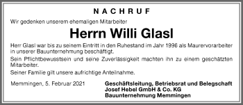 Traueranzeige von Willi Glasl von Memminger Zeitung
